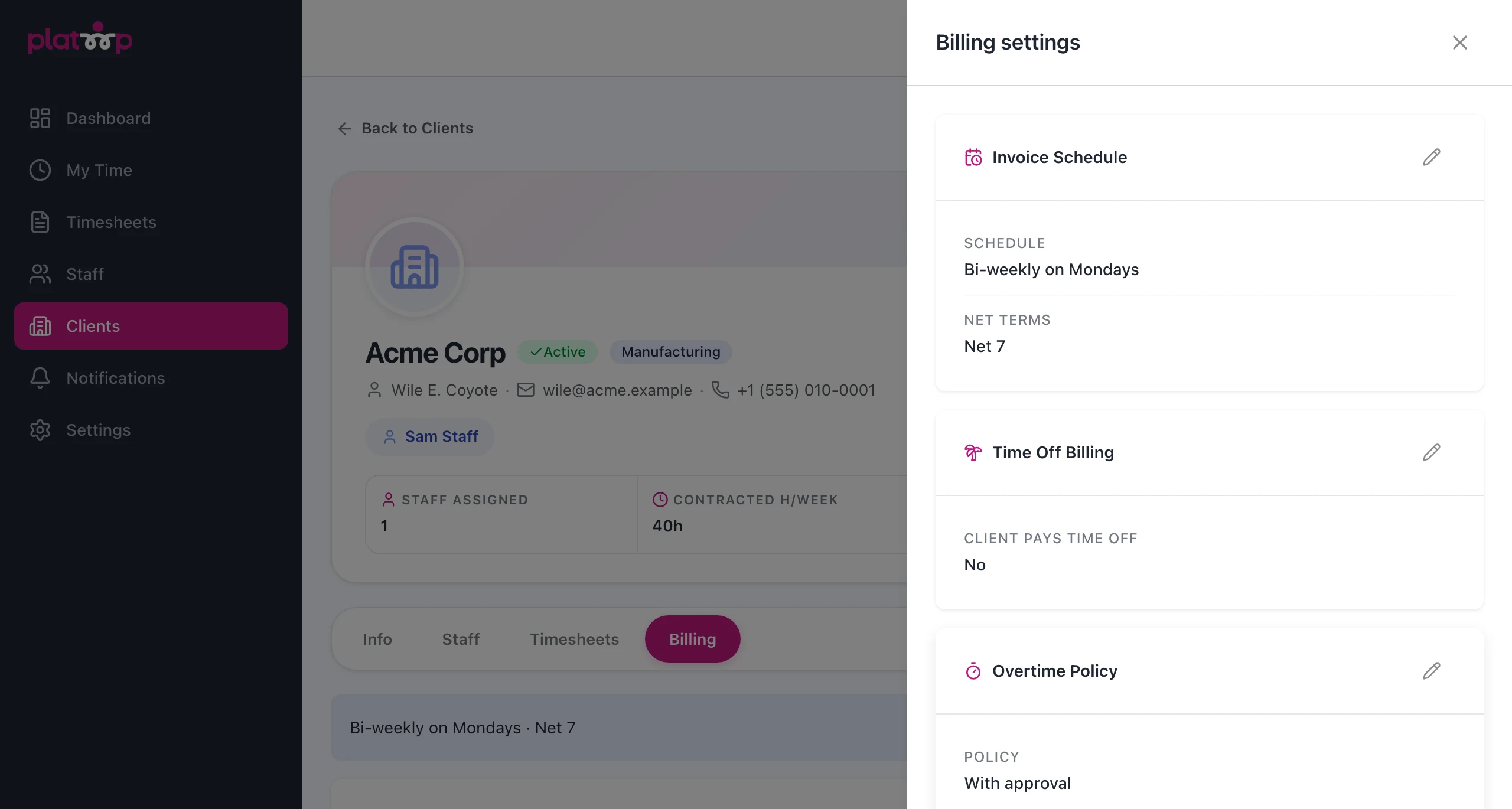 Client billing settings showing invoice schedule, net terms, time-off billing, and overtime policy.