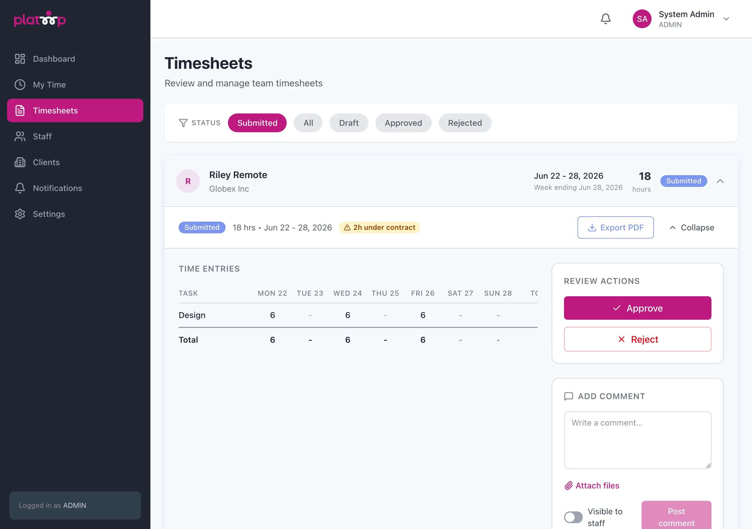 An expanded timesheet with a time entries grid by task and day, plus Approve and Reject review actions.