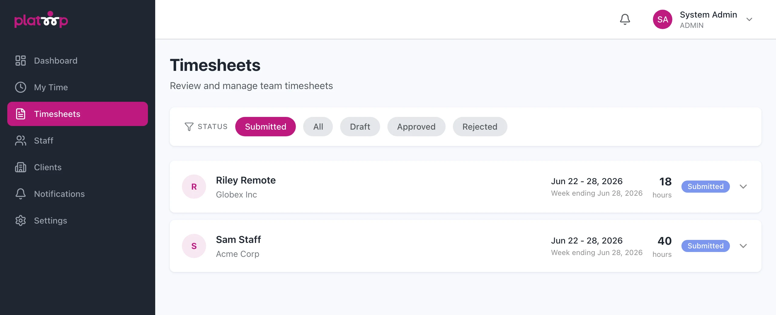 Timesheets list with status filters and two submitted timesheets showing hours and week ending dates.
